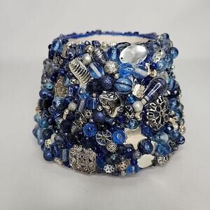 Blue Silver Hand Beaded Large Candle Jar Topper Shade for 18oz Jars Encrusted